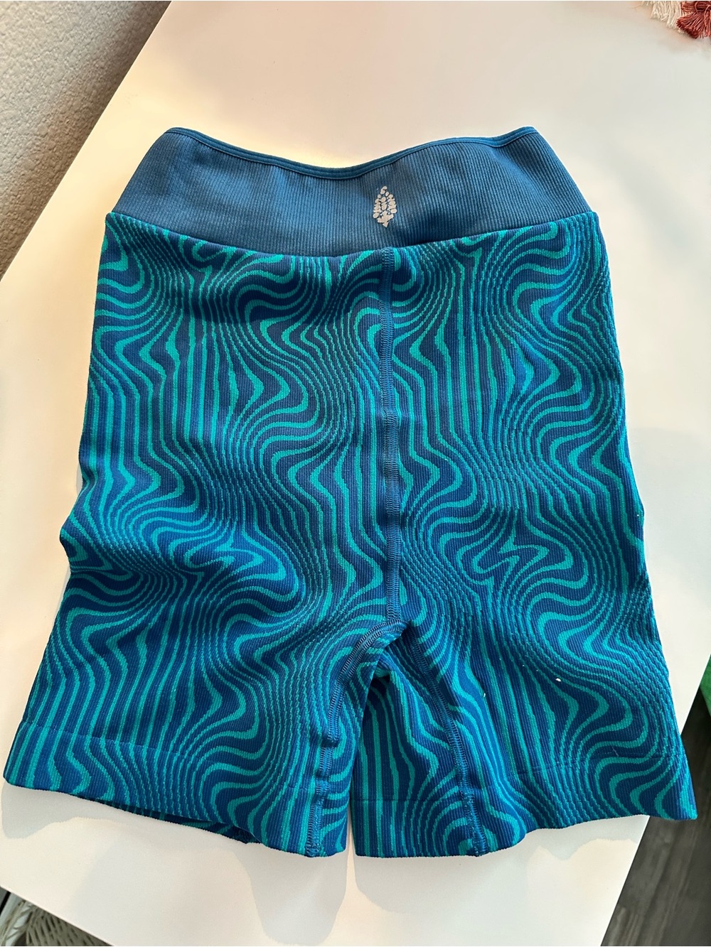 Free People Teal and Blue Wave Ribbed Bike Shorts